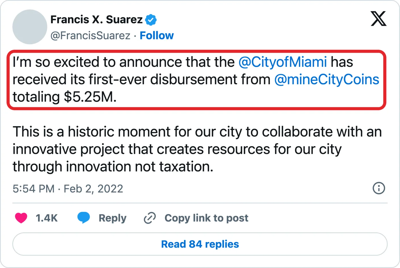 Francis Suarez's post on X, Feb 2, 2022, 5:54 PM ET. Boxed in red: “I'm so excited to announce that the @CityofMiami has received its first-ever disbursement from @mineCityCoins totaling $5.25M.” Then: “This is a historic moment for our city to collaborate with an innovative project that creates resources for our city through innovation not taxation.”