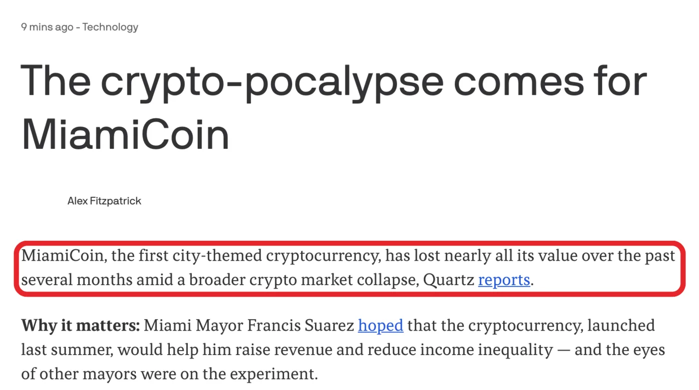 Axios, “The crypto-pocalypse comes for MiamiCoin” by Alex Fitzpatrick, May 20, 2022. Boxed in red: “MiamiCoin, the first city-themed cryptocurrency, has lost nearly all its value over the past several months amid a broader crypto market collapse, Quartz reports.” Below: the cryptocurrency “launched last summer”.